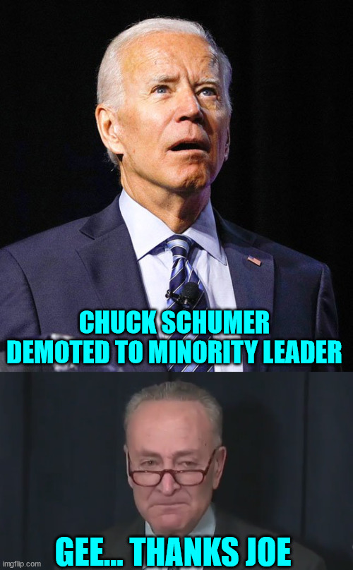 Dictator Joe demotes Chucky to minority leader... | CHUCK SCHUMER DEMOTED TO MINORITY LEADER; GEE... THANKS JOE | image tagged in joe biden,chuck schumer crying | made w/ Imgflip meme maker