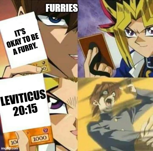 Furries trying to normalize you know what. | FURRIES; IT'S OKAY TO BE A FURRY. LEVITICUS 20:15 | image tagged in yu gi oh,anti furry | made w/ Imgflip meme maker