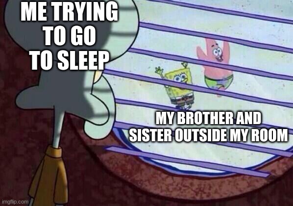 Squidward window | ME TRYING TO GO TO SLEEP; MY BROTHER AND SISTER OUTSIDE MY ROOM | image tagged in squidward window | made w/ Imgflip meme maker