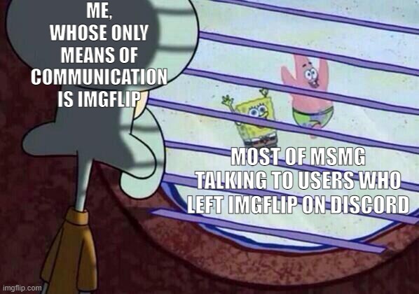 the only site my school didn't block. | ME, WHOSE ONLY MEANS OF COMMUNICATION IS IMGFLIP; MOST OF MSMG TALKING TO USERS WHO LEFT IMGFLIP ON DISCORD | image tagged in squidward window | made w/ Imgflip meme maker