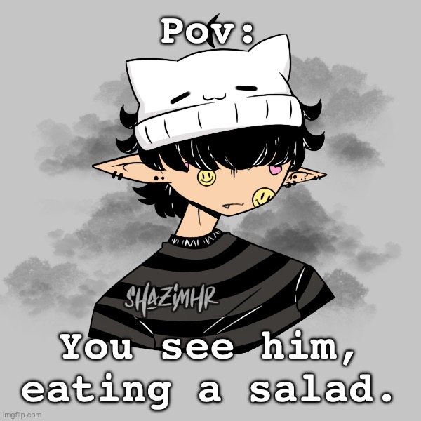 (I’ll allow romance, but no jokes or erps.) (And please, specify where the ocs are at. Thank you!) | Pov:; You see him, eating a salad. | made w/ Imgflip meme maker