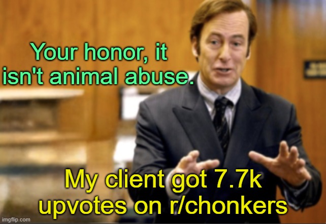 I've been on reddit before, but never really posted. | Your honor, it isn't animal abuse. My client got 7.7k upvotes on r/chonkers | image tagged in saul goodman defending | made w/ Imgflip meme maker