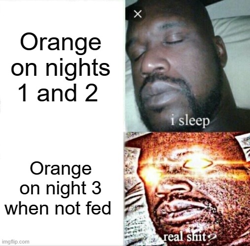 Sleeping Shaq | Orange on nights 1 and 2; Orange on night 3 when not fed | image tagged in memes,sleeping shaq | made w/ Imgflip meme maker