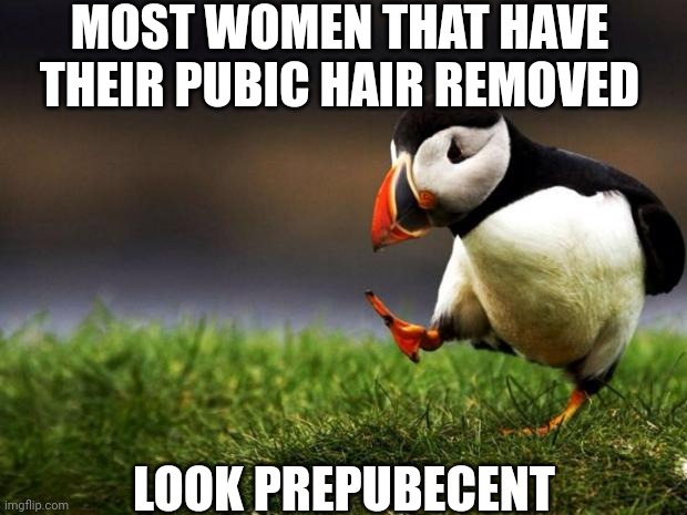 Unpopular Opinion Puffin Meme | MOST WOMEN THAT HAVE THEIR PUBIC HAIR REMOVED; LOOK PREPUBECENT | image tagged in memes,unpopular opinion puffin | made w/ Imgflip meme maker