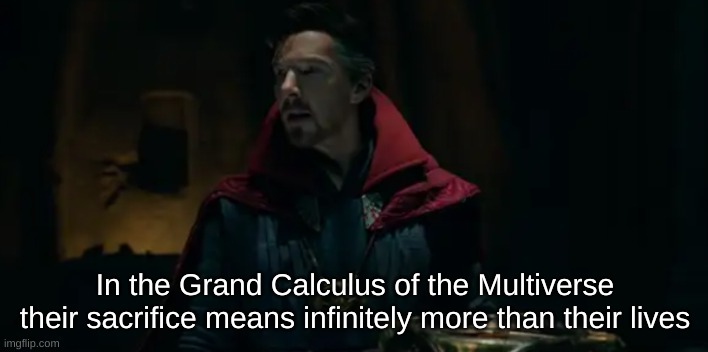 In the Grand Calculus of the Multiverse their sacrifice means infinitely more than their lives | made w/ Imgflip meme maker