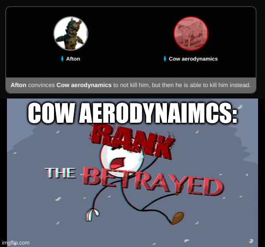 Common Afton W | COW AERODYNAIMCS: | image tagged in the betrayed | made w/ Imgflip meme maker