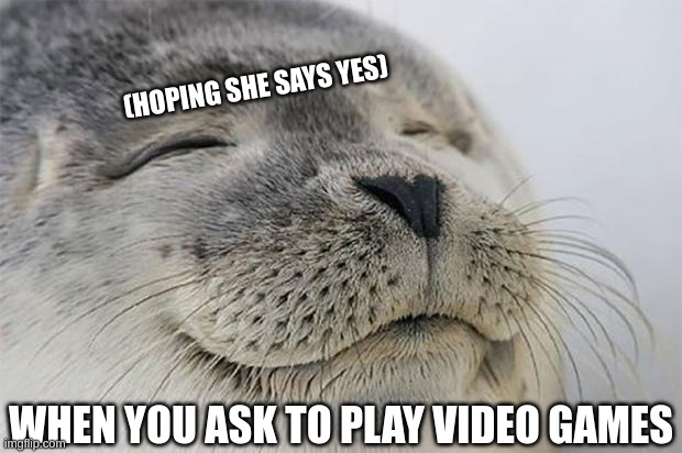 kids with video game strict parents | (HOPING SHE SAYS YES); WHEN YOU ASK TO PLAY VIDEO GAMES | image tagged in memes,satisfied seal | made w/ Imgflip meme maker