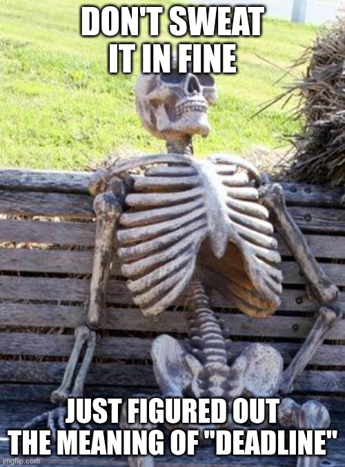 UM U SURE UR FINE? | DON'T SWEAT IT IN FINE; JUST FIGURED OUT THE MEANING OF "DEADLINE" | image tagged in memes,waiting skeleton | made w/ Imgflip meme maker