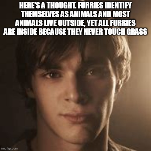 walter jr | HERE'S A THOUGHT. FURRIES IDENTIFY THEMSELVES AS ANIMALS AND MOST ANIMALS LIVE OUTSIDE, YET ALL FURRIES ARE INSIDE BECAUSE THEY NEVER TOUCH GRASS | image tagged in walter jr | made w/ Imgflip meme maker