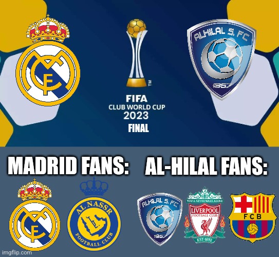 Real Madrid vs Al-Hilal meme | FINAL; MADRID FANS:; AL-HILAL FANS: | image tagged in real madrid,al hilal,club world cup,futbol,memes | made w/ Imgflip meme maker