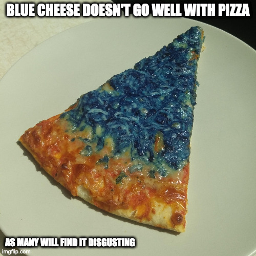 Blue Cheese Pizza | BLUE CHEESE DOESN'T GO WELL WITH PIZZA; AS MANY WILL FIND IT DISGUSTING | image tagged in pizza,memes,food | made w/ Imgflip meme maker