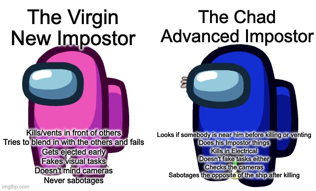 Virgin New Impostor vs Chad Advanced Impostor | The Chad Advanced Impostor; The Virgin New Impostor; Looks if somebody is near him before killing or venting
Does his Impostor things
Kills in Electrical
Doesn't fake tasks either
Checks the cameras
Sabotages the opposite of the ship after killing; Kills/vents in front of others
Tries to blend in with the others and fails
Gets ejected early
Fakes visual tasks
Doesn't mind cameras
Never sabotages | image tagged in virgin vs chad | made w/ Imgflip meme maker