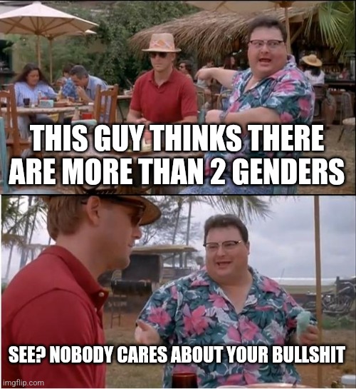 its funny how bullshits make random bullshit up | THIS GUY THINKS THERE ARE MORE THAN 2 GENDERS; SEE? NOBODY CARES ABOUT YOUR BULLSHIT | image tagged in memes,see nobody cares | made w/ Imgflip meme maker