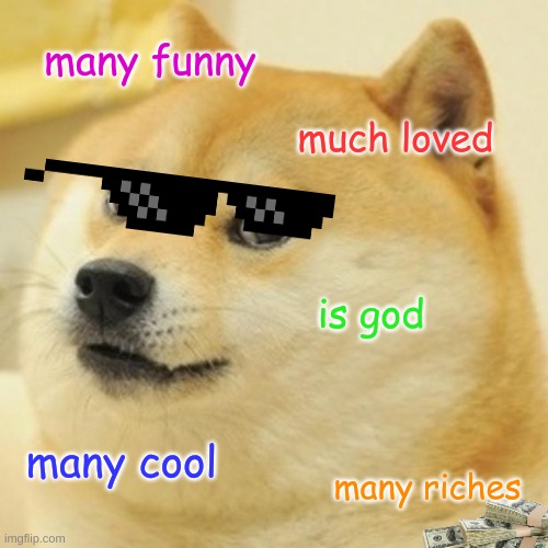 Doge | many funny; much loved; is god; many cool; many riches | image tagged in memes,doge | made w/ Imgflip meme maker