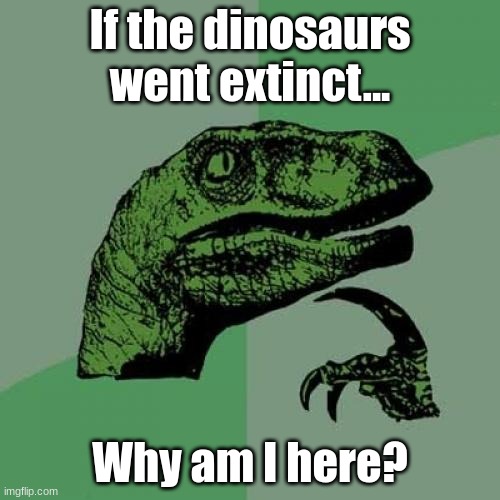 Hmmmmmm | If the dinosaurs went extinct... Why am I here? | image tagged in memes,philosoraptor | made w/ Imgflip meme maker