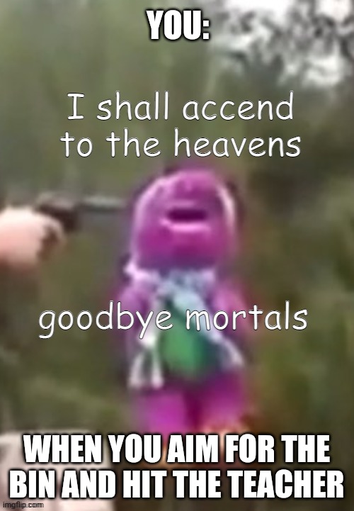 I shall accend to the heavens, goodbye mortals | YOU:; WHEN YOU AIM FOR THE BIN AND HIT THE TEACHER | image tagged in i shall accend to the heavens goodbye mortals | made w/ Imgflip meme maker