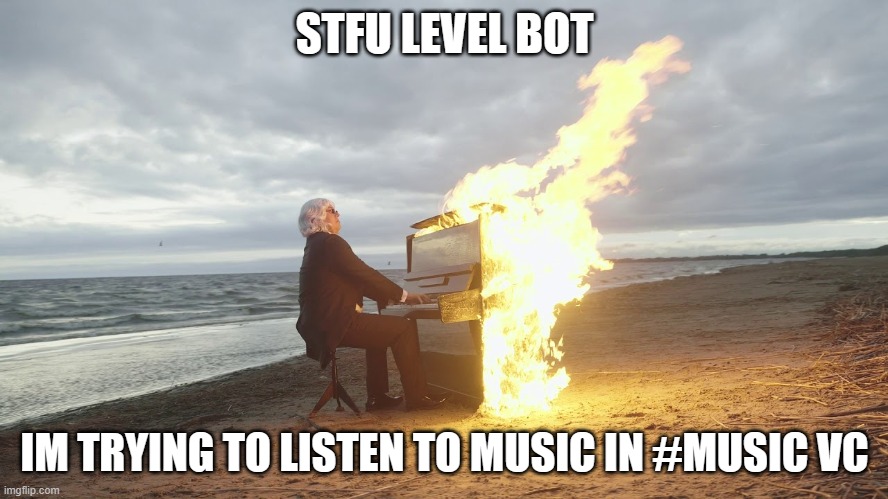 DISCORD LEVEL BOTS | STFU LEVEL BOT; IM TRYING TO LISTEN TO MUSIC IN #MUSIC VC | image tagged in piano in fire,funny,discord,memes,lol,haha | made w/ Imgflip meme maker
