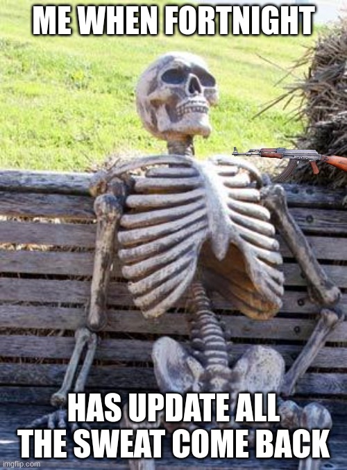 nn | ME WHEN FORTNIGHT; HAS UPDATE ALL THE SWEAT COME BACK | image tagged in memes,waiting skeleton | made w/ Imgflip meme maker