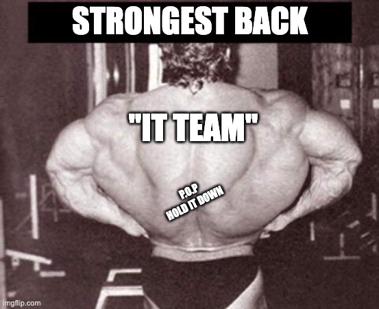 Strongest Back - 1 Man Team | STRONGEST BACK; "IT TEAM"; P.O.P HOLD IT DOWN | image tagged in it meme | made w/ Imgflip meme maker