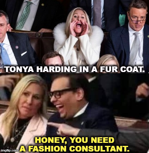 In all fairness, others have suggested Cruella DeVille. | TONYA HARDING IN A FUR COAT. HONEY, YOU NEED A FASHION CONSULTANT. | image tagged in maga,mtg,fur,class,maturity,fail | made w/ Imgflip meme maker