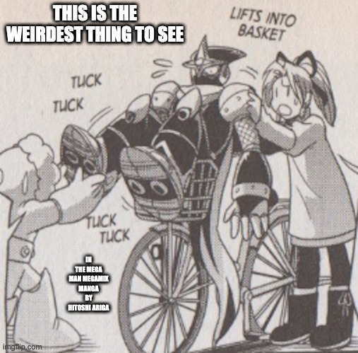 Shadow Man Tucked into Bicycle Basket | THIS IS THE WEIRDEST THING TO SEE; IN THE MEGA MAN MEGAMIX MANGA BY HITOSHI ARIGA | image tagged in shadowman,roll,iceman,megaman,memes | made w/ Imgflip meme maker