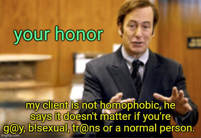 Saul Goodman defending | your honor; my client is not homophobic, he says it doesn't matter if you're g@y, b!sexual, tr@ns or a normal person. | image tagged in saul goodman defending | made w/ Imgflip meme maker