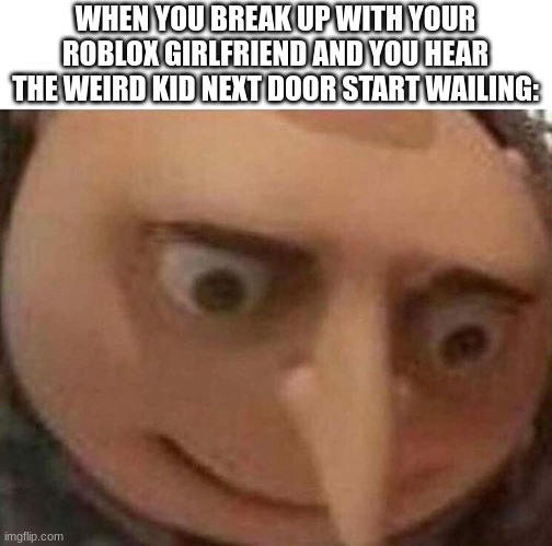 gru meme | WHEN YOU BREAK UP WITH YOUR ROBLOX GIRLFRIEND AND YOU HEAR THE WEIRD KID NEXT DOOR START WAILING: | image tagged in gru meme | made w/ Imgflip meme maker