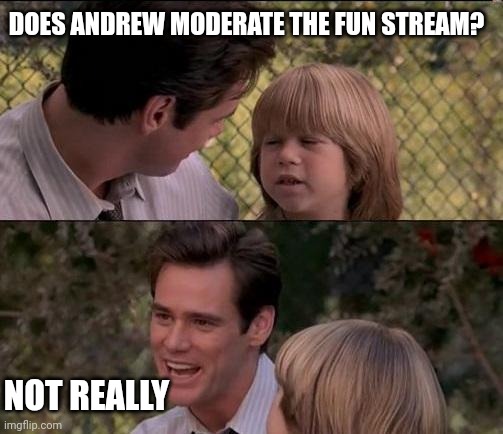 That's Just Something X Say Meme | DOES ANDREW MODERATE THE FUN STREAM? NOT REALLY | image tagged in memes,that's just something x say | made w/ Imgflip meme maker