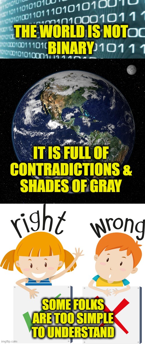Stupidity Is A Plague | THE WORLD IS NOT
BINARY; IT IS FULL OF
CONTRADICTIONS &
SHADES OF GRAY; SOME FOLKS
ARE TOO SIMPLE
TO UNDERSTAND | image tagged in stupid people | made w/ Imgflip meme maker