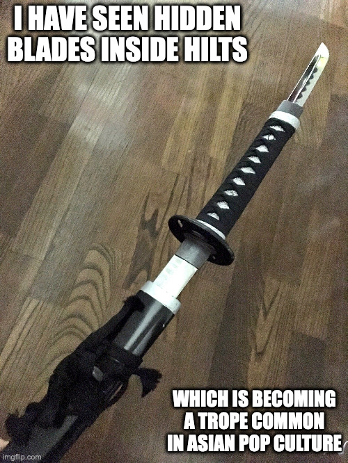 Hidden Weapon Inside Katana Hilt |  I HAVE SEEN HIDDEN BLADES INSIDE HILTS; WHICH IS BECOMING A TROPE COMMON IN ASIAN POP CULTURE | image tagged in katana,weapons,memes | made w/ Imgflip meme maker