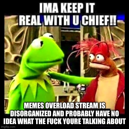 Imma Keep It Real With You Chief | MEMES OVERLOAD STREAM IS DISORGANIZED AND PROBABLY HAVE NO IDEA WHAT THE FUCK YOURE TALKING ABOUT | image tagged in imma keep it real with you chief | made w/ Imgflip meme maker