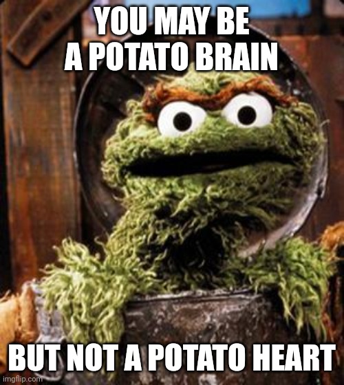 Motivation! | YOU MAY BE A POTATO BRAIN; BUT NOT A POTATO HEART | image tagged in oscar the grouch,motivation | made w/ Imgflip meme maker