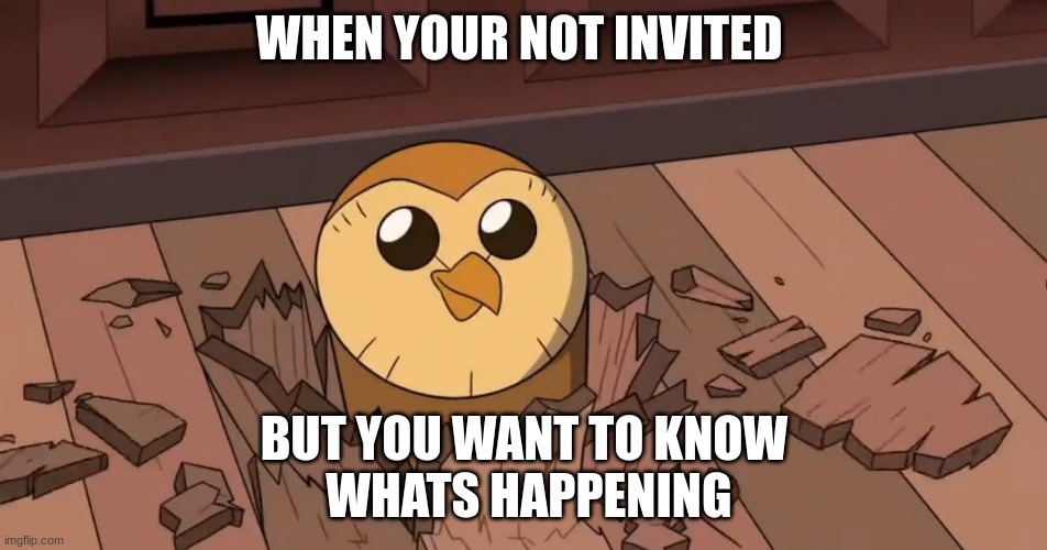 WHEN YOUR NOT INVITED; BUT YOU WANT TO KNOW
 WHATS HAPPENING | made w/ Imgflip meme maker