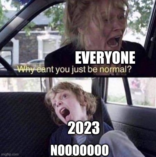 Pls be normal | EVERYONE; 2023; NOOOOOOO | image tagged in why can't you just be normal,funny memes,memes,funny,2023 | made w/ Imgflip meme maker