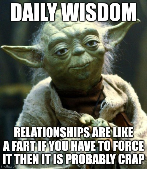 I have no idea where this quote came from but kudos to you | DAILY WISDOM; RELATIONSHIPS ARE LIKE A FART IF YOU HAVE TO FORCE IT THEN IT IS PROBABLY CRAP | image tagged in memes,star wars yoda | made w/ Imgflip meme maker