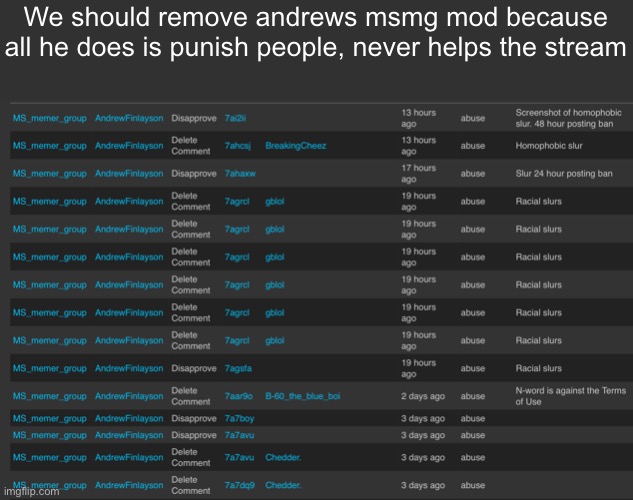 I love big brother | We should remove andrews msmg mod because all he does is punish people, never helps the stream | made w/ Imgflip meme maker