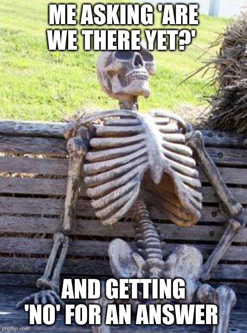 True fact | ME ASKING 'ARE WE THERE YET?'; AND GETTING 'NO' FOR AN ANSWER | image tagged in memes,waiting skeleton | made w/ Imgflip meme maker