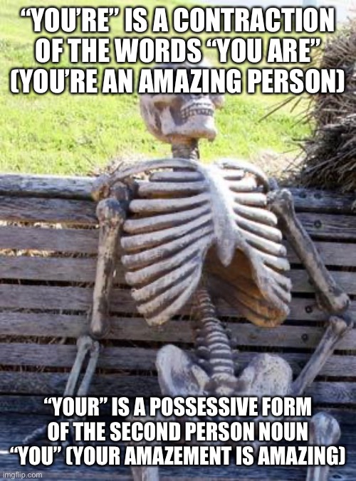 Waiting Skeleton | “YOU’RE” IS A CONTRACTION OF THE WORDS “YOU ARE” (YOU’RE AN AMAZING PERSON); “YOUR” IS A POSSESSIVE FORM OF THE SECOND PERSON NOUN “YOU” (YOUR AMAZEMENT IS AMAZING) | image tagged in memes,waiting skeleton | made w/ Imgflip meme maker