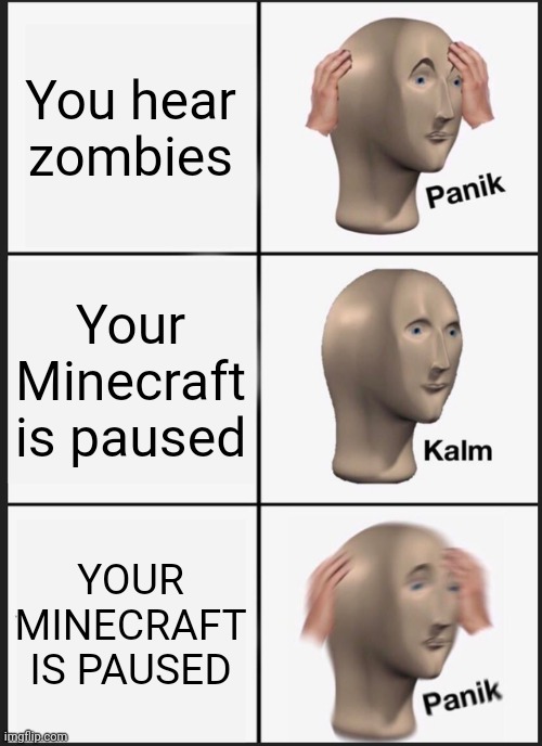 Panik Kalm Panik | You hear zombies; Your Minecraft is paused; YOUR MINECRAFT IS PAUSED | image tagged in memes,panik kalm panik | made w/ Imgflip meme maker