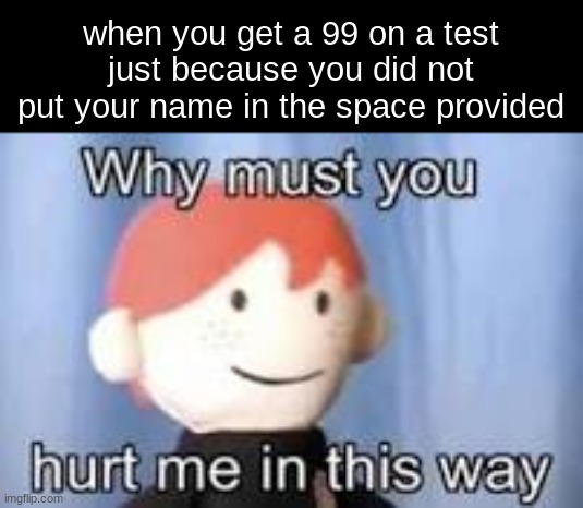 why msut YOU HURT ME IN THE WAY | when you get a 99 on a test just because you did not put your name in the space provided | image tagged in why must you hurt me in this way | made w/ Imgflip meme maker