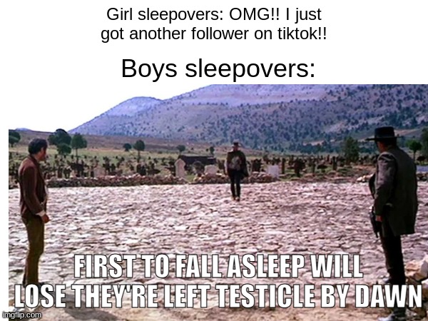 I'd know... poor oliver will never be the same | Boys sleepovers:; Girl sleepovers: OMG!! I just got another follower on tiktok!! FIRST TO FALL ASLEEP WILL LOSE THEY'RE LEFT TESTICLE BY DAWN | image tagged in memes,the good the bad and the ugly,sleepover | made w/ Imgflip meme maker
