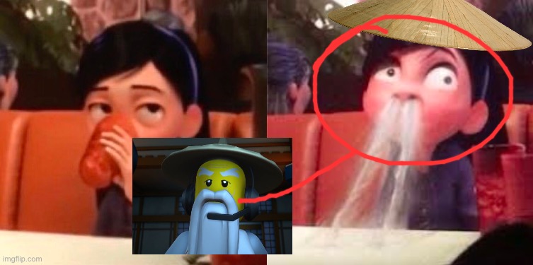 Long before time had a name, Ninjago was created by the first Spinjitzu master by using the four weapons of Spinjitzu, The Scyth | image tagged in violet from the incredibles spitting out drink | made w/ Imgflip meme maker