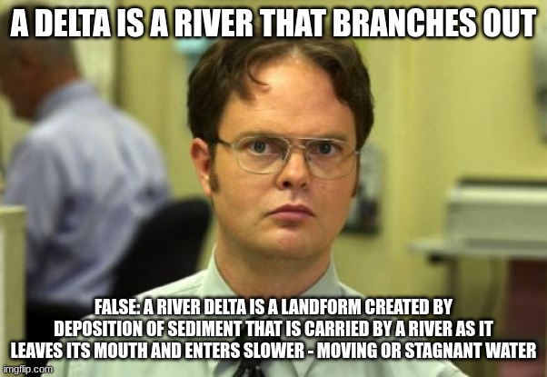 Delta meme for science | A DELTA IS A RIVER THAT BRANCHES OUT; FALSE: A RIVER DELTA IS A LANDFORM CREATED BY DEPOSITION OF SEDIMENT THAT IS CARRIED BY A RIVER AS IT LEAVES ITS MOUTH AND ENTERS SLOWER - MOVING OR STAGNANT WATER | image tagged in memes,dwight schrute | made w/ Imgflip meme maker