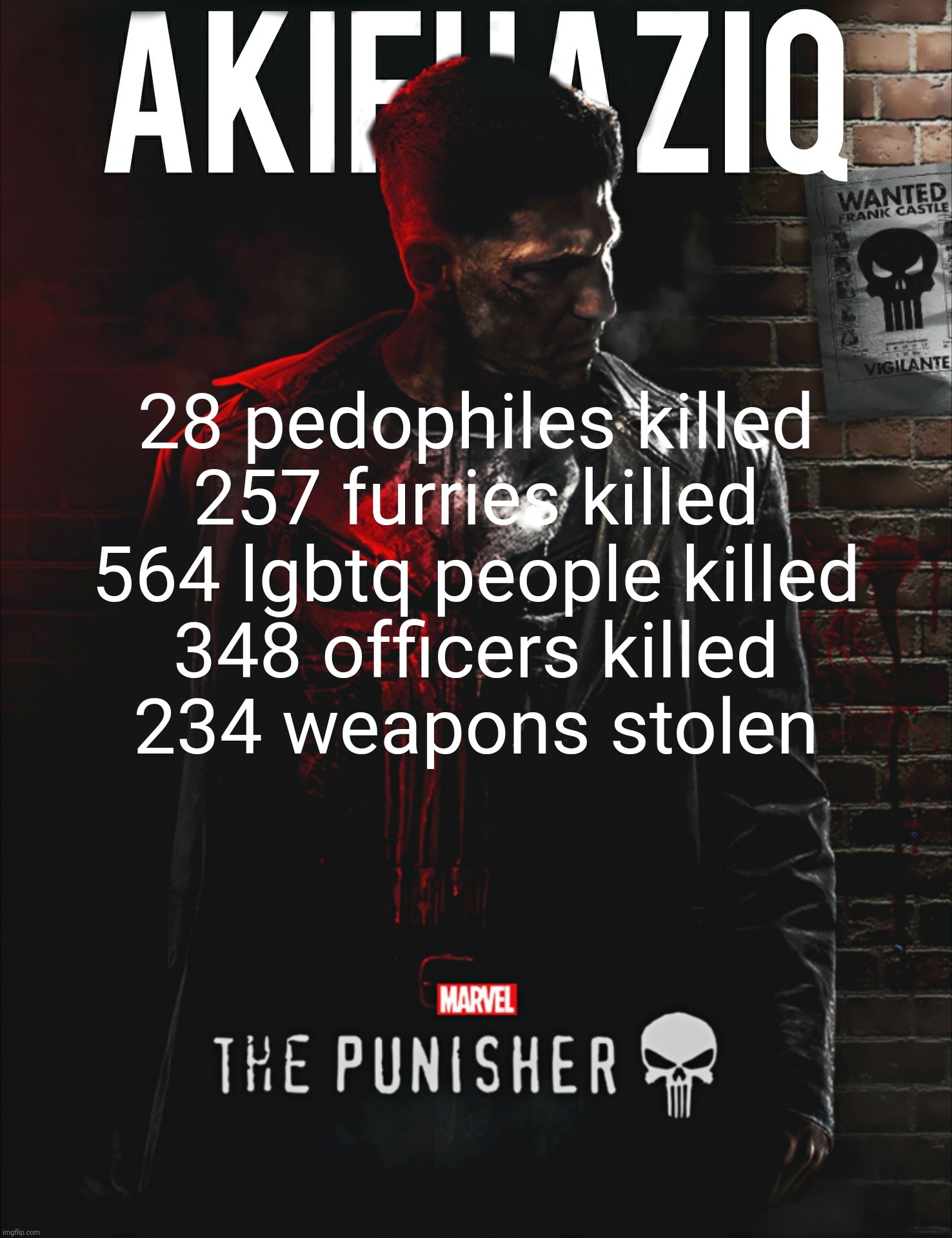 theres more to the list | 28 pedophiles killed
257 furries killed
564 lgbtq people killed
348 officers killed
234 weapons stolen | image tagged in akifhaziq the punisher temp | made w/ Imgflip meme maker