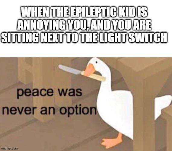 Flash Flash Flash | WHEN THE EPILEPTIC KID IS ANNOYING YOU, AND YOU ARE SITTING NEXT TO THE LIGHT SWITCH | image tagged in blank white template,untitled goose peace was never an option | made w/ Imgflip meme maker