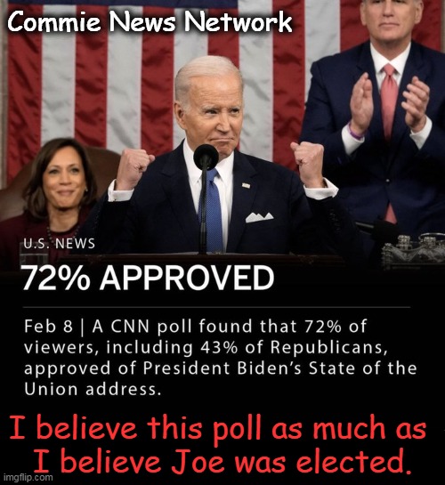 They must have polled all Hunter's crackhead friends... | Commie News Network; I believe this poll as much as 
I believe Joe was elected. | image tagged in politics,joe biden,what are they smoking at cnn,commies,ratings,state of the union | made w/ Imgflip meme maker