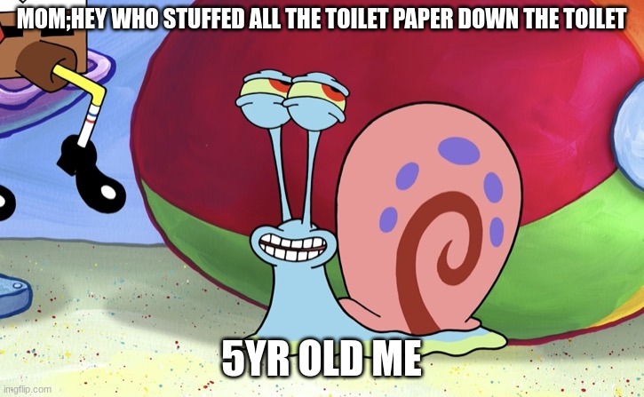 gary with smile | MOM;HEY WHO STUFFED ALL THE TOILET PAPER DOWN THE TOILET; 5YR OLD ME | image tagged in gary with smile | made w/ Imgflip meme maker