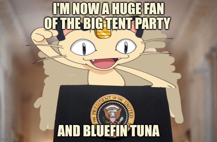 Vote Big Tent. Because meowth told you to. | I'M NOW A HUGE FAN OF THE BIG TENT PARTY; AND BLUEFIN TUNA | image tagged in meowth party,vote,just do it,dew it | made w/ Imgflip meme maker