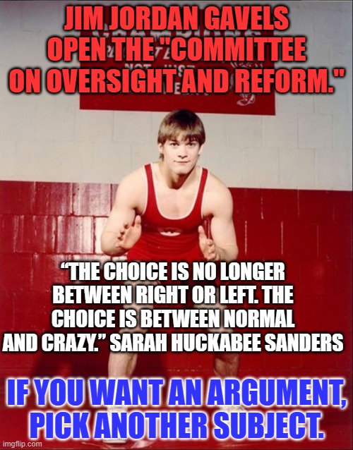 Windmill Tilting season is officially open. | JIM JORDAN GAVELS OPEN THE "COMMITTEE ON OVERSIGHT AND REFORM."; “THE CHOICE IS NO LONGER BETWEEN RIGHT OR LEFT. THE CHOICE IS BETWEEN NORMAL AND CRAZY.” SARAH HUCKABEE SANDERS; IF YOU WANT AN ARGUMENT, PICK ANOTHER SUBJECT. | image tagged in politics | made w/ Imgflip meme maker