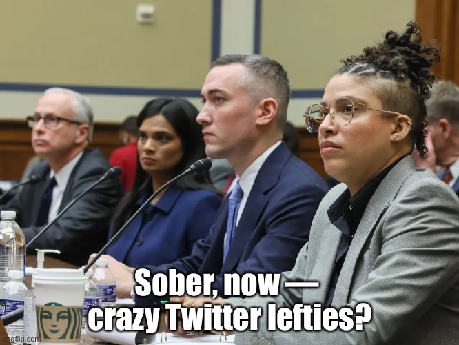 Now, the crazy Twitter lefties are sober. | Sober, now — 
crazy Twitter lefties? | image tagged in twitter,fbi,traitors,communists,globalism,woke | made w/ Imgflip meme maker